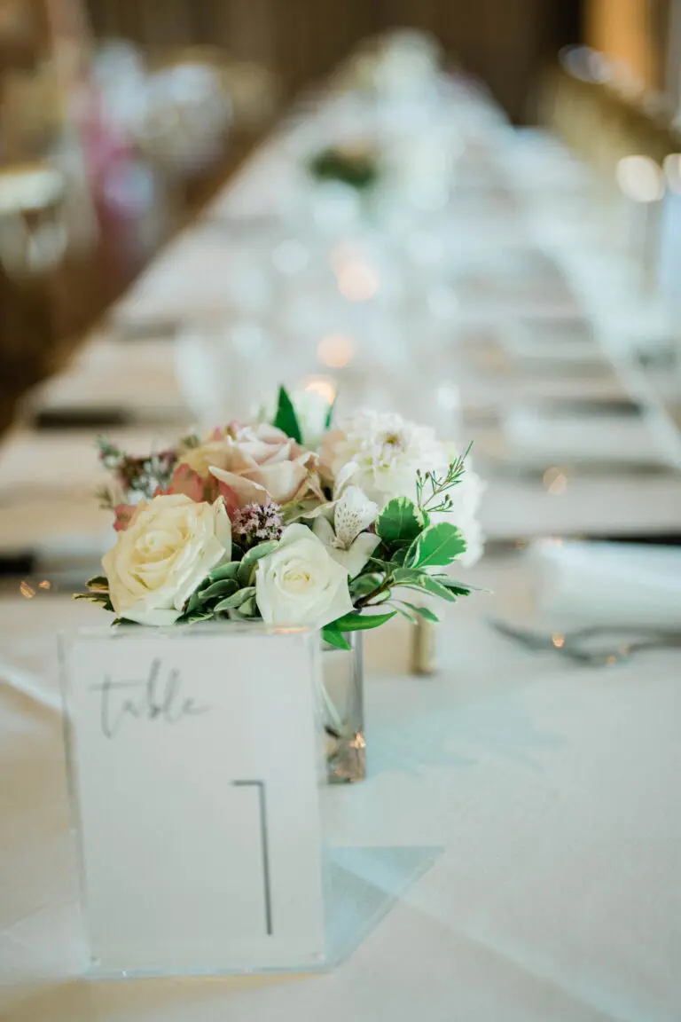 flowers decorate reception space at roche harbor wedding venue in friday harbor washington