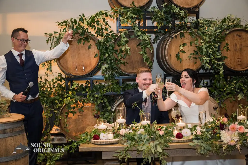 Groomsman raising a toast for the couple at Folino Estate Winery