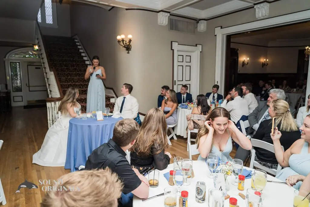 Bridesmaid giving a speech at Cathedral Basilica of the Immaculate Conception Wedding