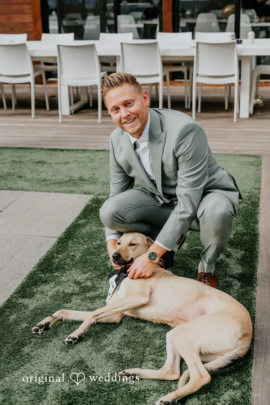 Kamaria + Chris A portrait of the groom with his pup at Apple Blossom Resort