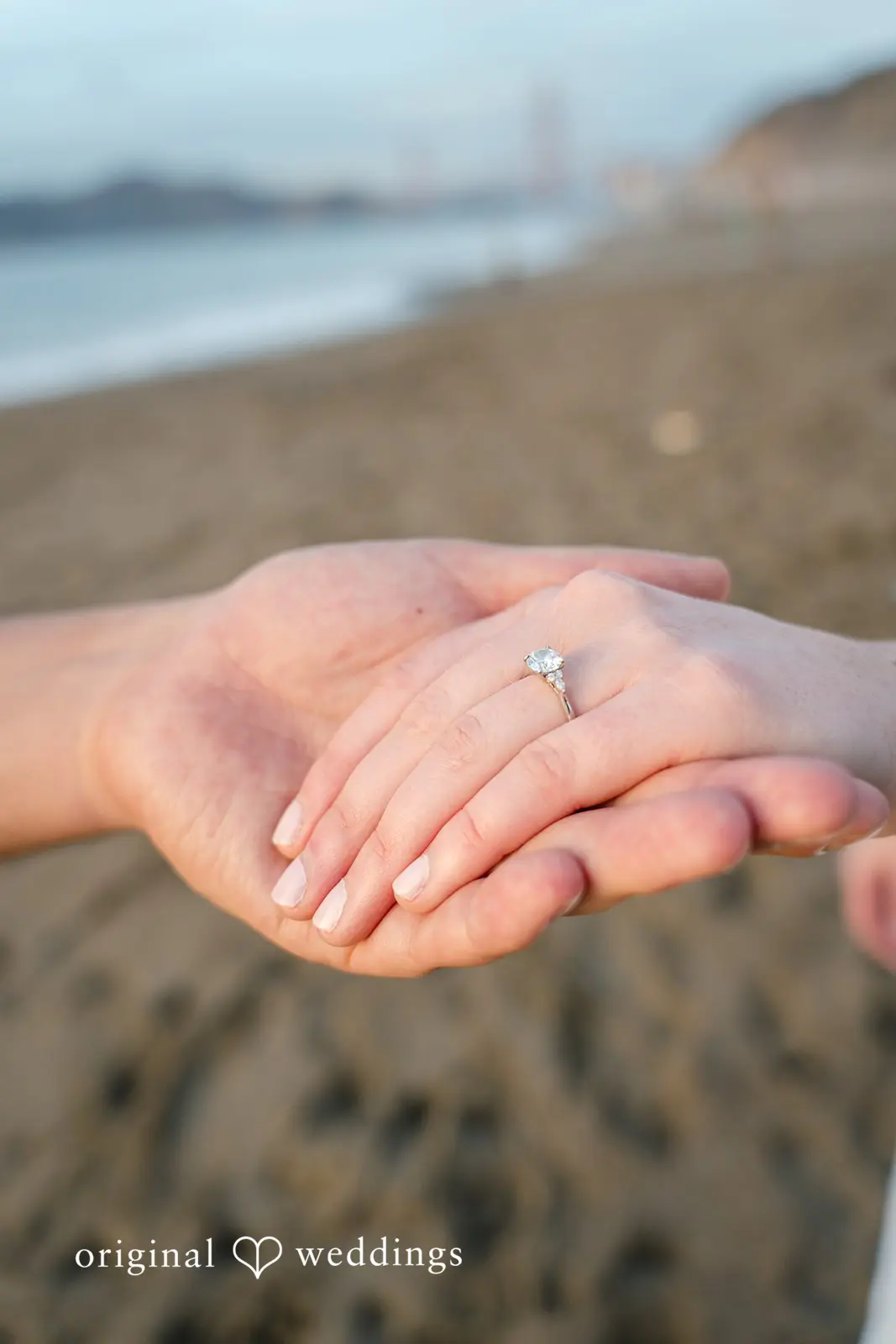 Daniel + Karen Our San Francisco wedding photographer captured a close-up shot of Karen's engagement ring at Baker Beach