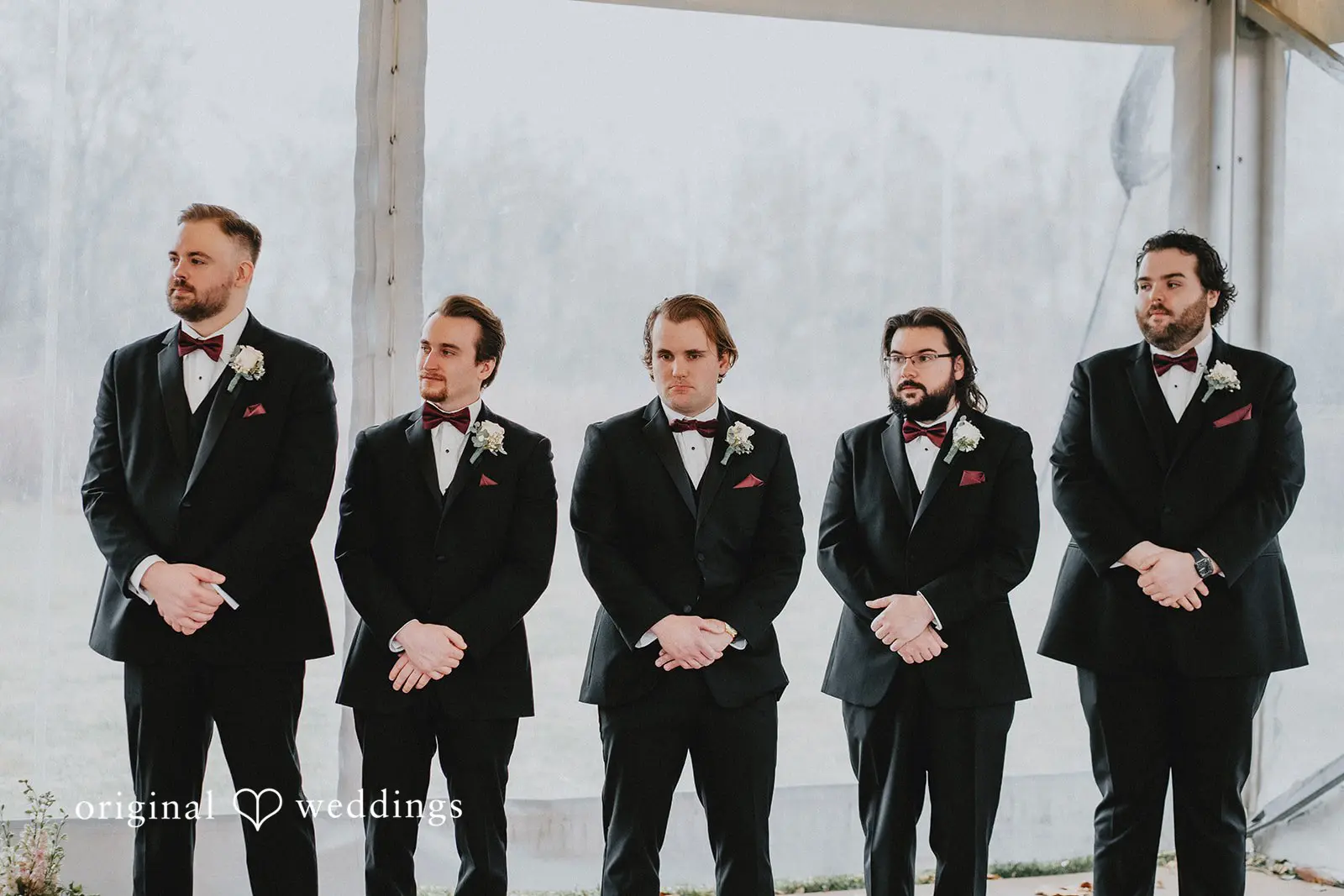 Stephanie + Zachary The groom and the groomsmen in anticipation of the bride at the wedding ceremony