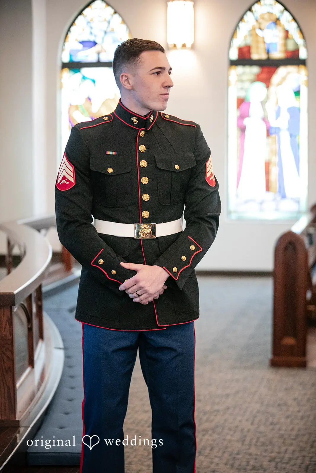 Elegant picture of groom waiting for bride at Canterbury Hall Tampa Wedding