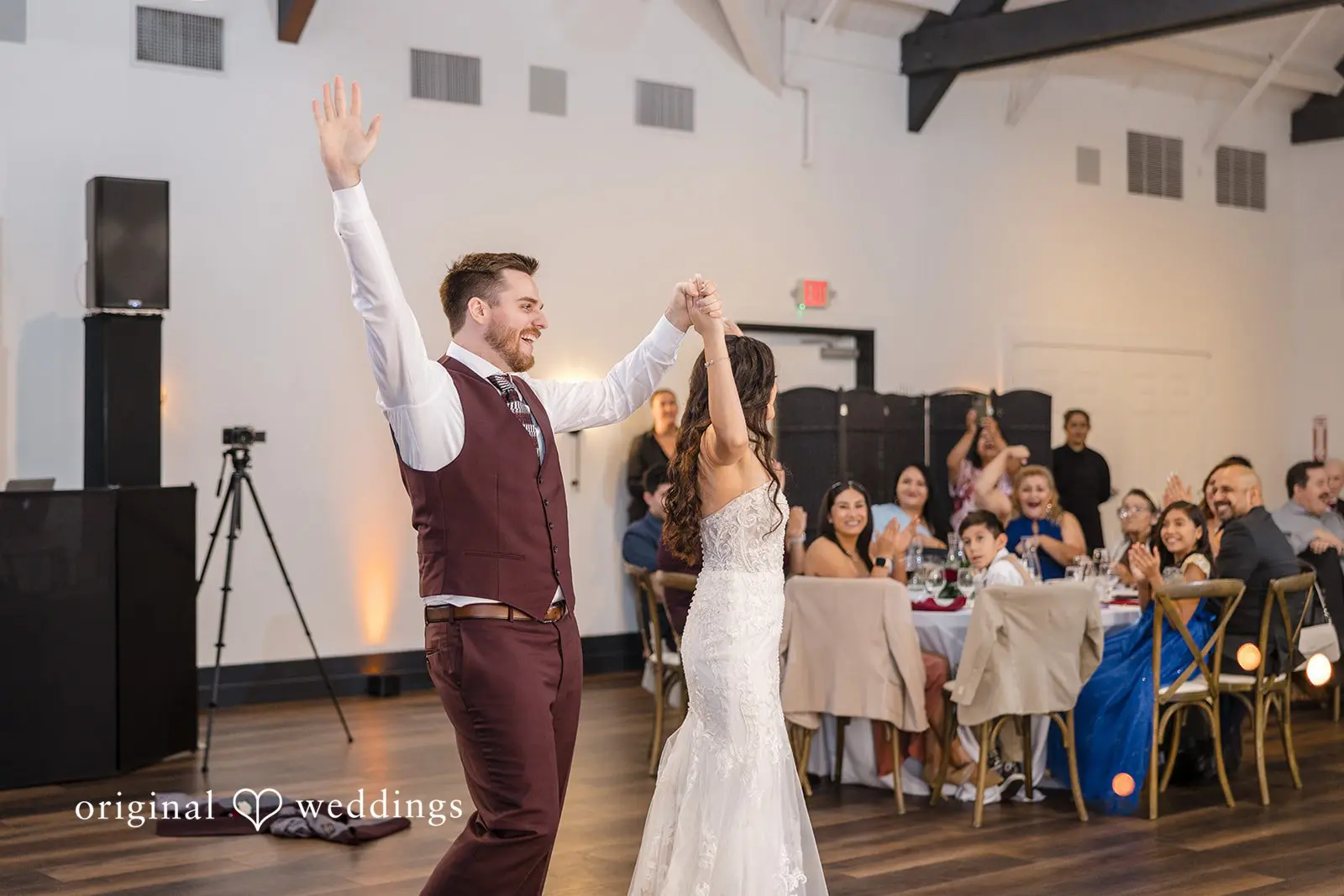 A happy couple at the wedding reception