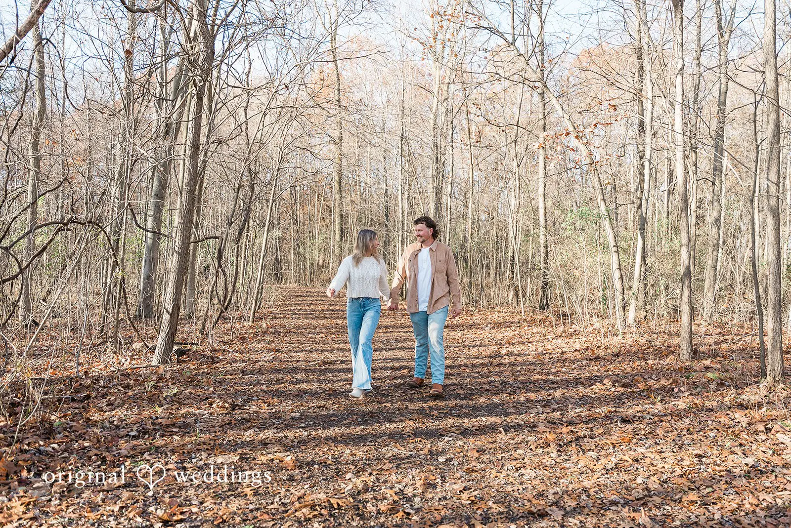 A portrait of the couple taking a walk through the wide fields