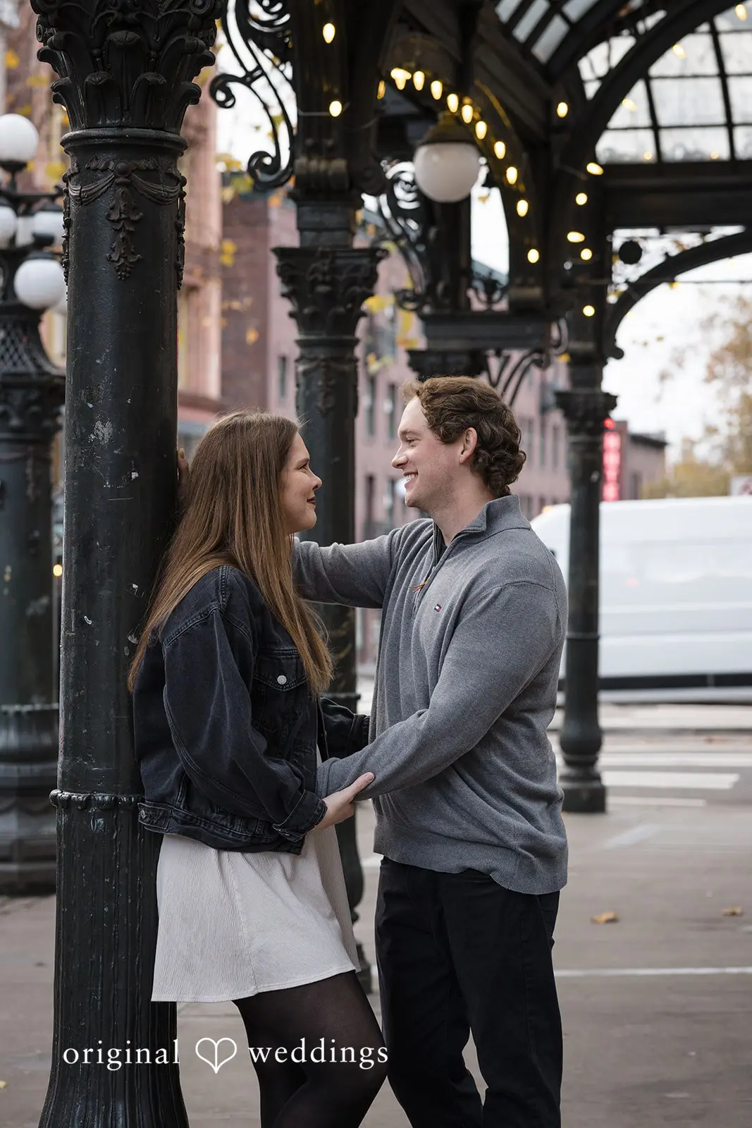 A romantic portrait of the couple at Old Town Issaquah