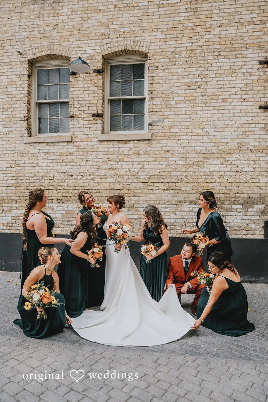 Hayden + Abby The bride and her bridesmaids in Emerald green and the groomsman in Plum