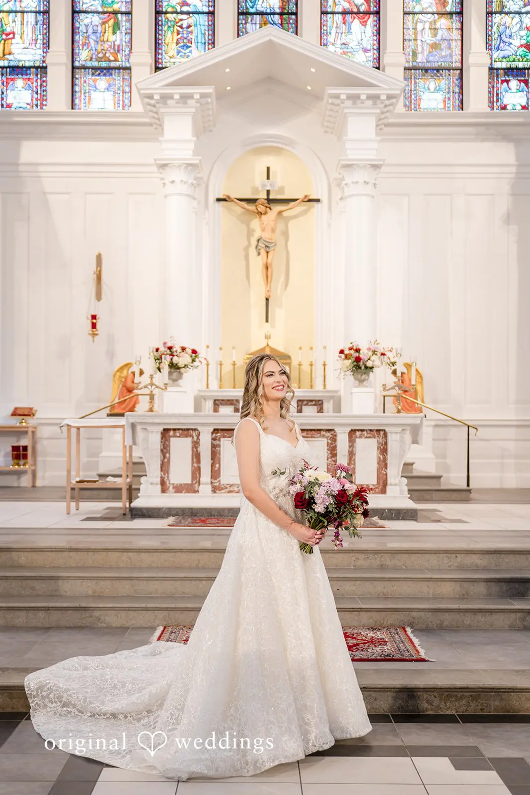 Our Washington DC wedding photographer took a portrait of the bride in Saint Mary of Sorrows Catholic Church