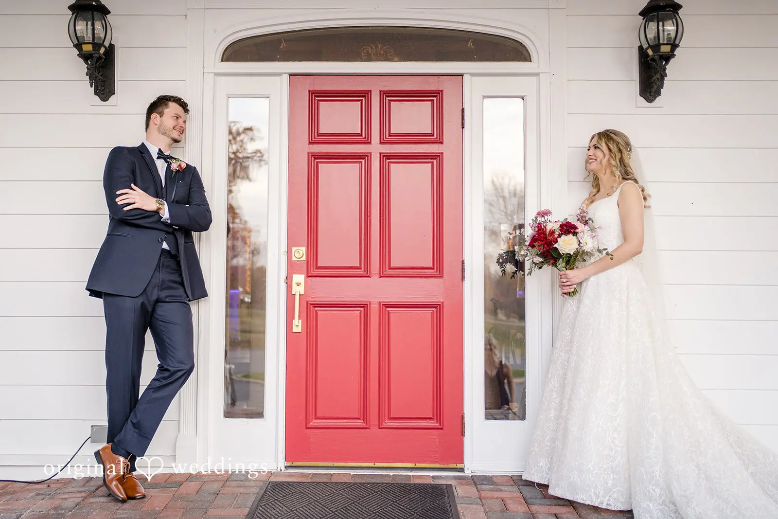 A stunning portrait of the bride and groom at their reception venue