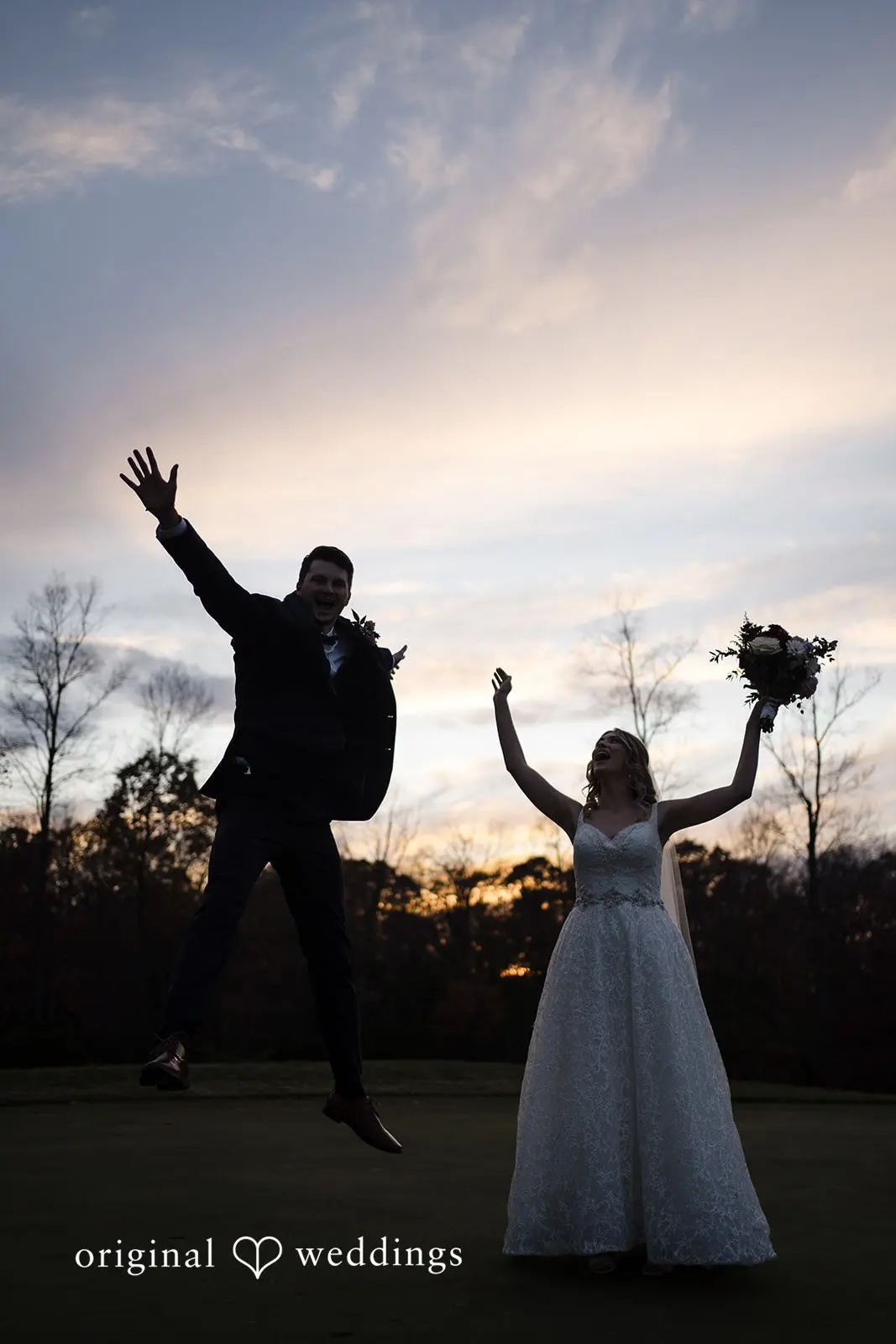 An evening fun portrait of the bride and groom