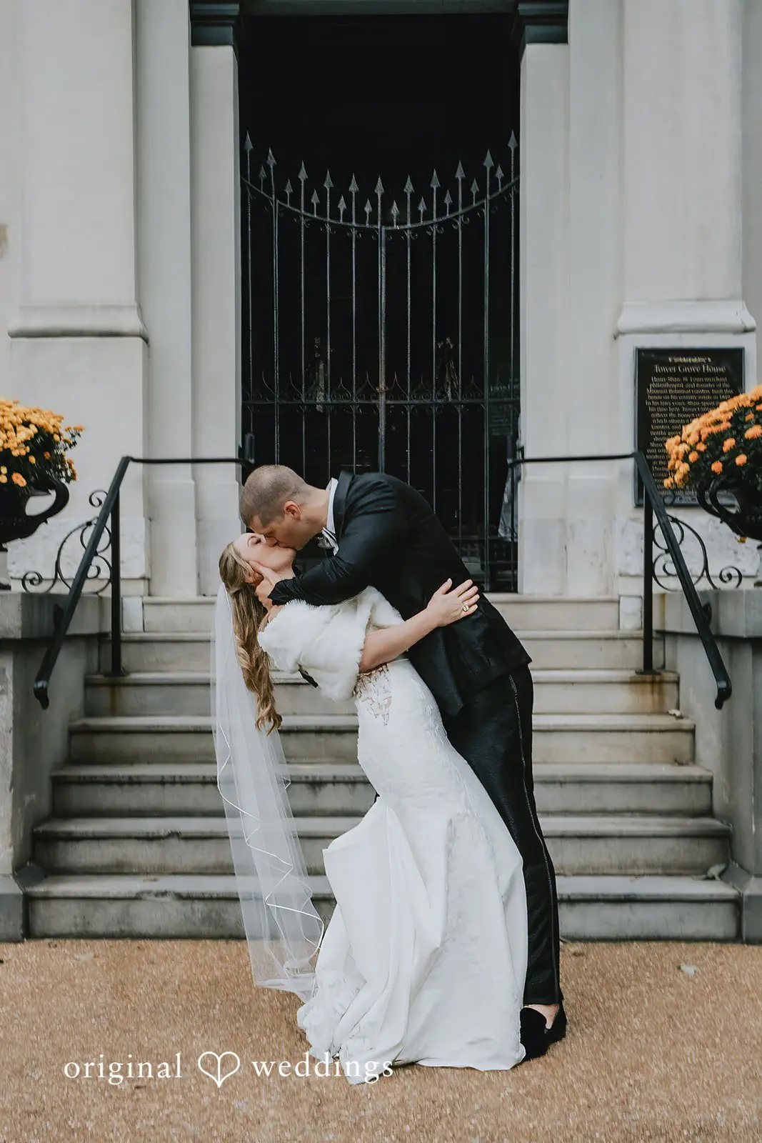 A romantic portrait of the bride and groom at St. Louis Botanical Gardens