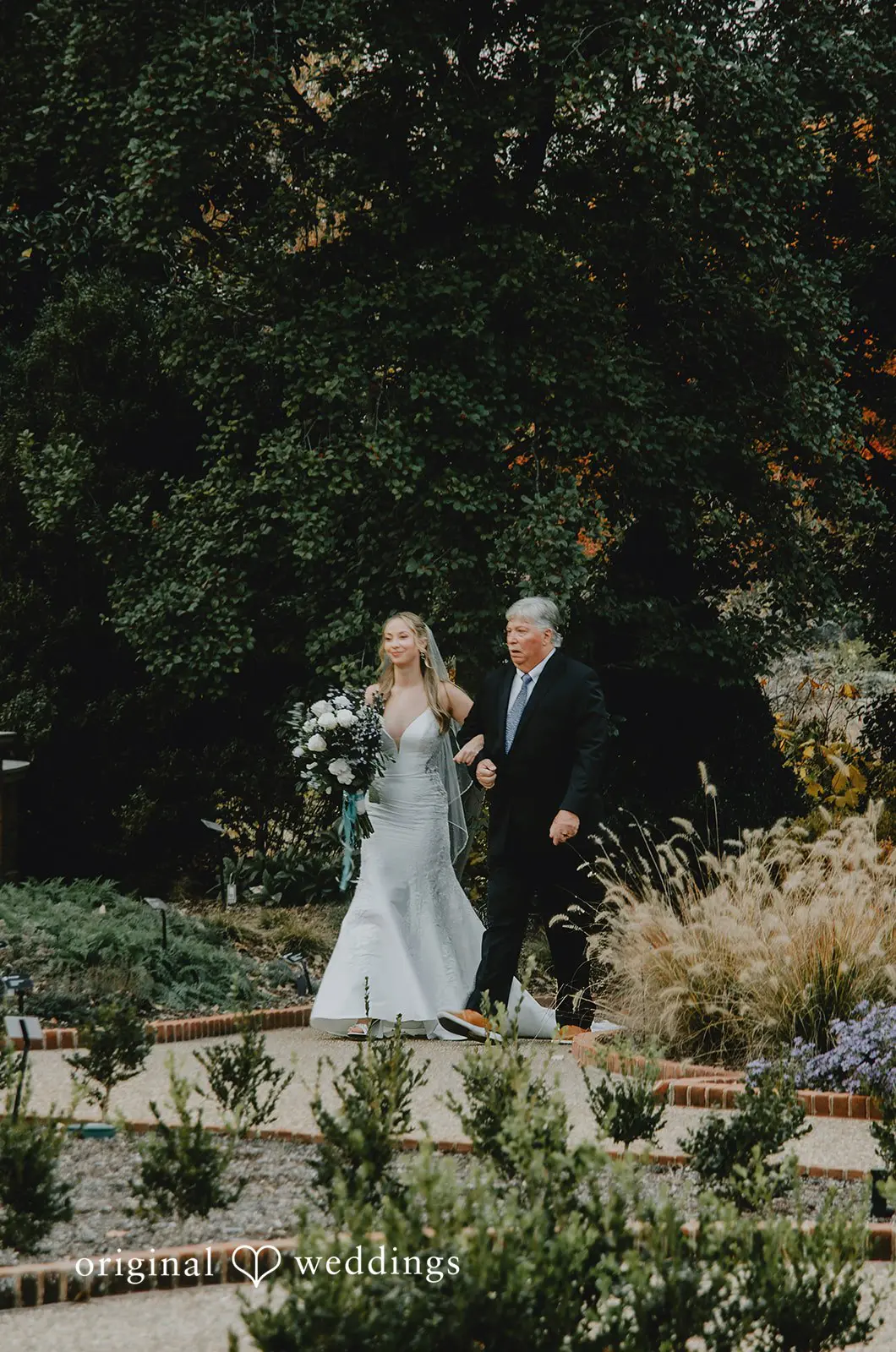 A portrait of the bride's father walking bride down the aisle at St. Louis Botanical Gardens