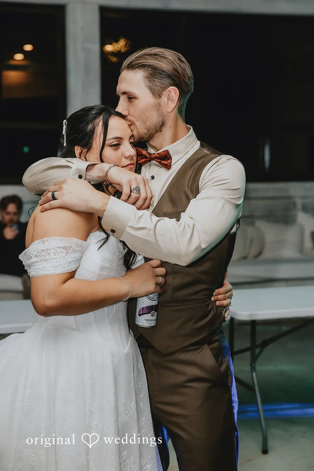 A romantic and emotional moment between the bride and groom