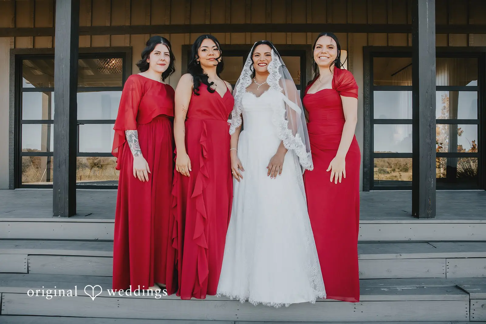 A portrait of the bride with her bridesmaids at Two Wishes Ranch