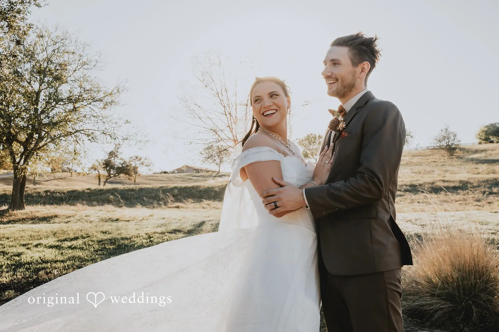 Our Austin wedding photographers capture a romantic portrait of the bride and groom at the Two Wishes Ranch outdoor space