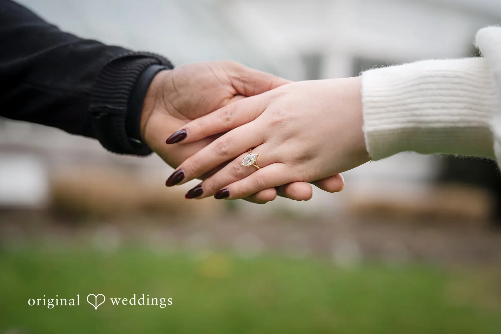 A close-up shot of the couple holding hands