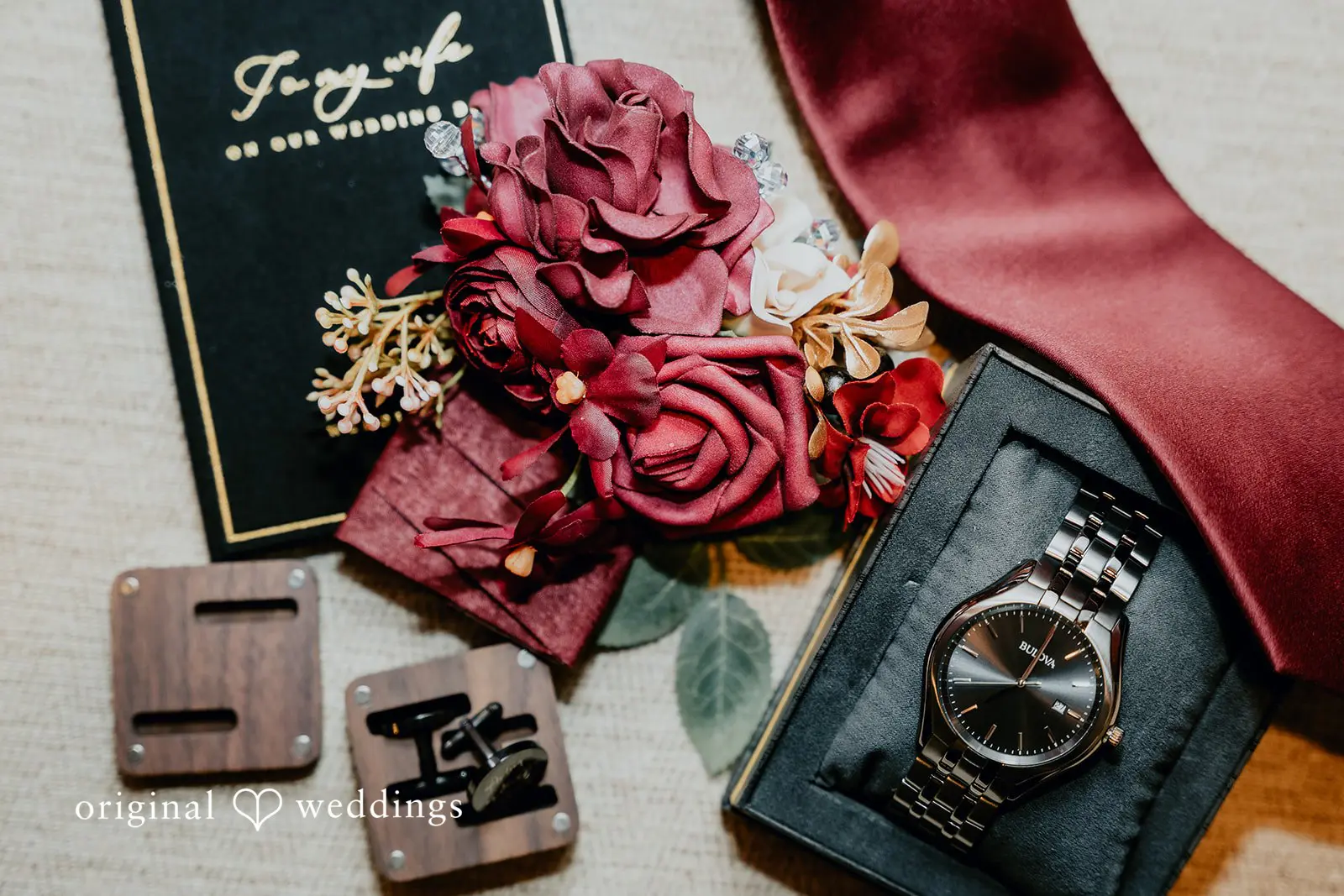 The groom's wristwatch, tie, etc.