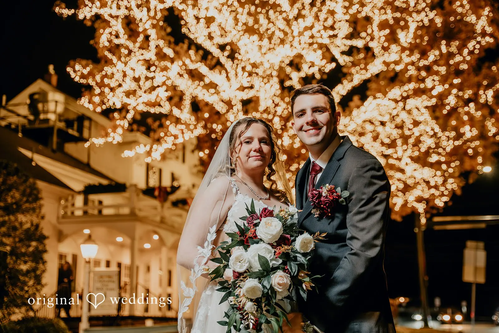 An evening portrait of the couple after the wedding ceremony