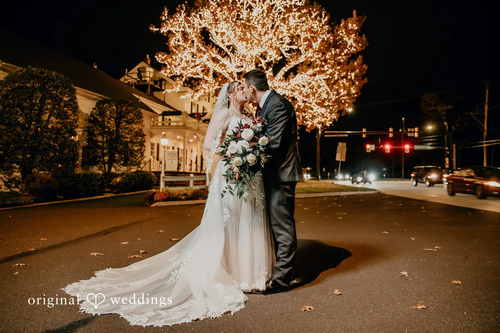A romantic evening portrait of the couple after their wedding ceremony