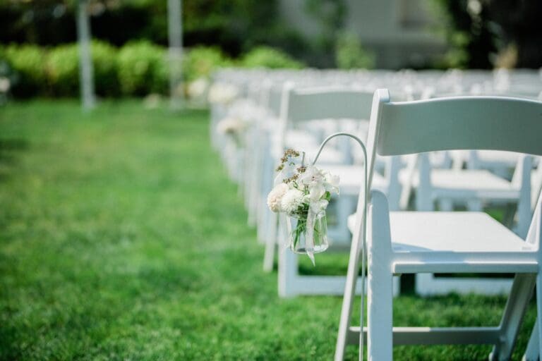 Roche Harbor Resort wedding photo shows white dress