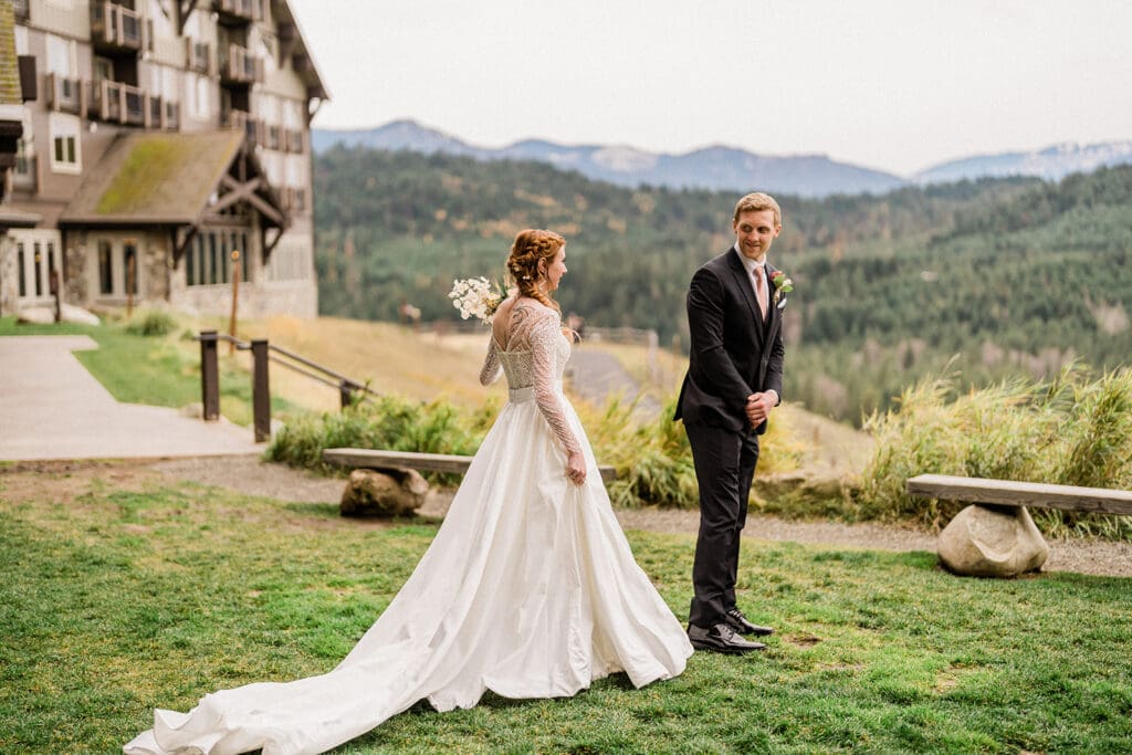 Groom sees bride's dress outside Swiftwater Cellars