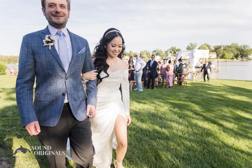 Elegant bride and groom match out after a successful Private Home Wedding