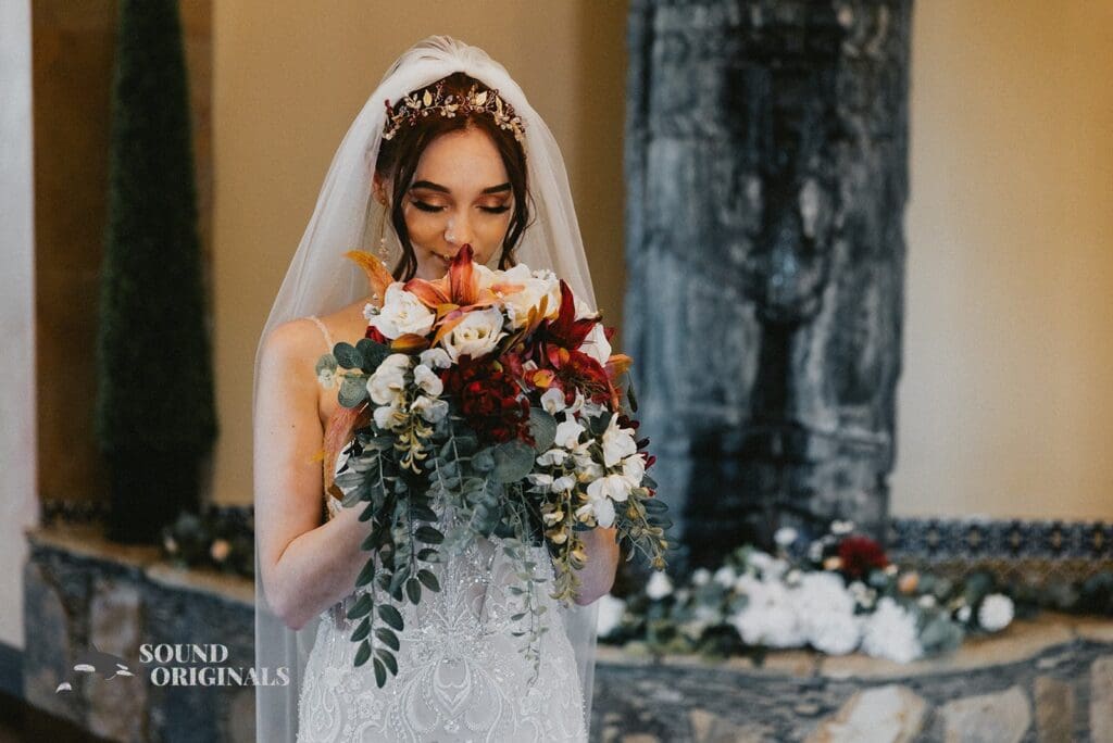 Portrait of bride with her bouquet at Stoney Ridge Villa Wedding