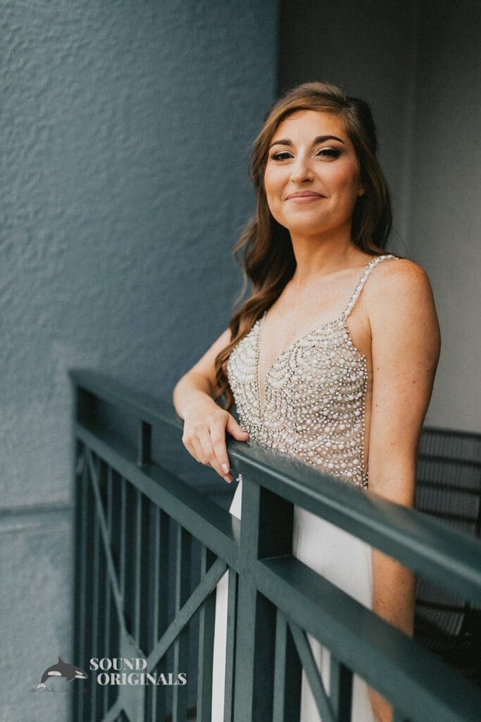 Nicole + Ryan Pretty bride stands tall beside the rails at Plant Park, Jackson's Yeomans Wedding