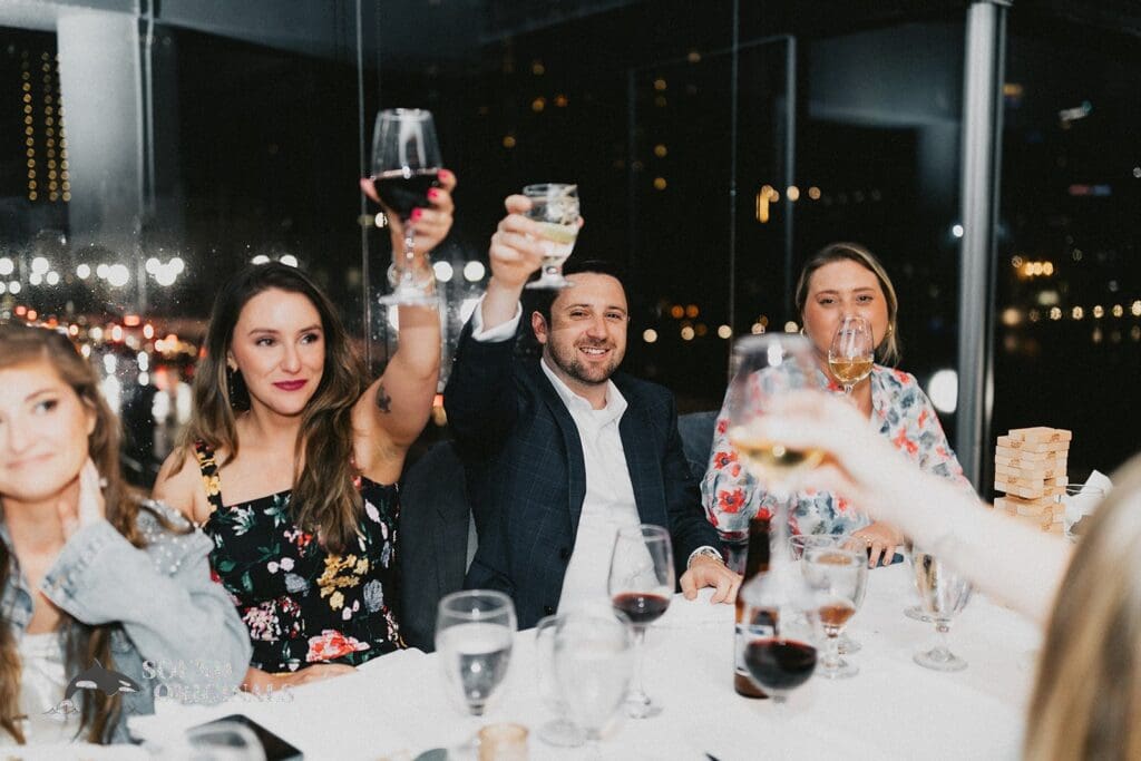 Nicole + Ryan Happy Plant Park, Jackson's, Yeomans Wedding guests cheer for a good celebration