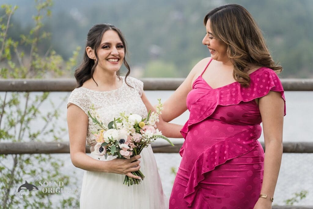 Pretty bride with aunt in Evergreen Lake House Wedding