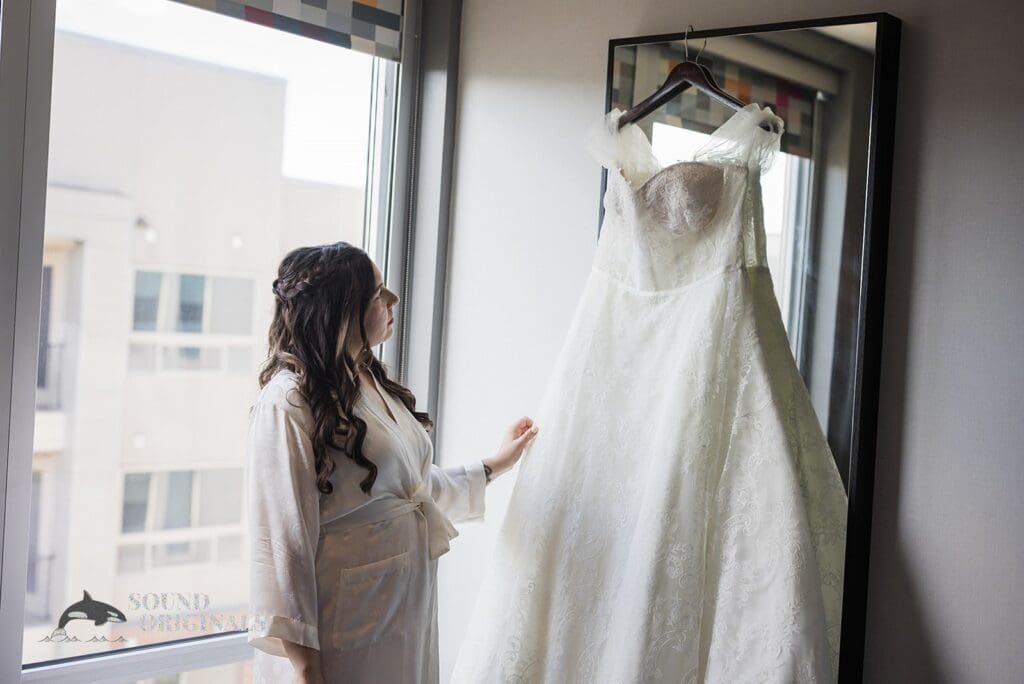 Wedding gown hung beautifully at Willow Heights Mansion room