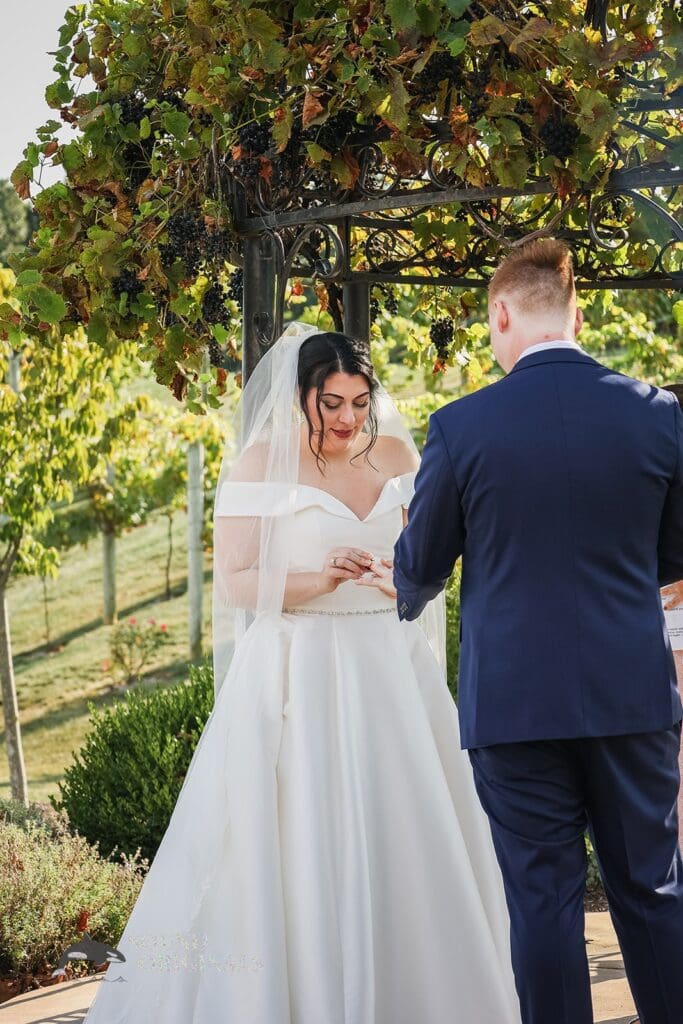 Bride putting the ring on the groom at Folino Estate Winery
