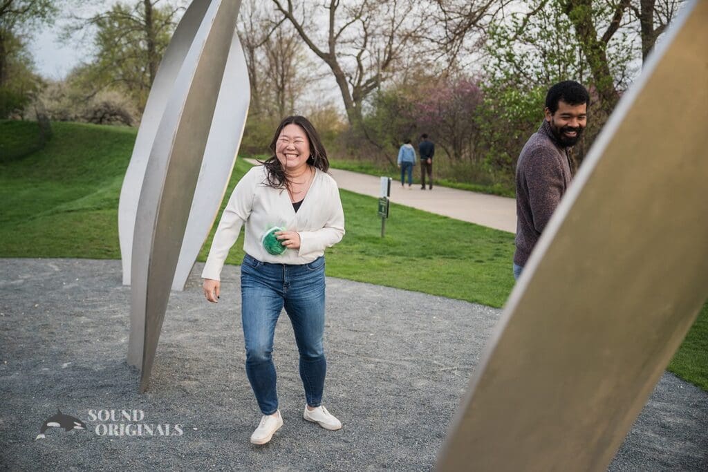 couple enjoy playing tag at Osaka Garden
