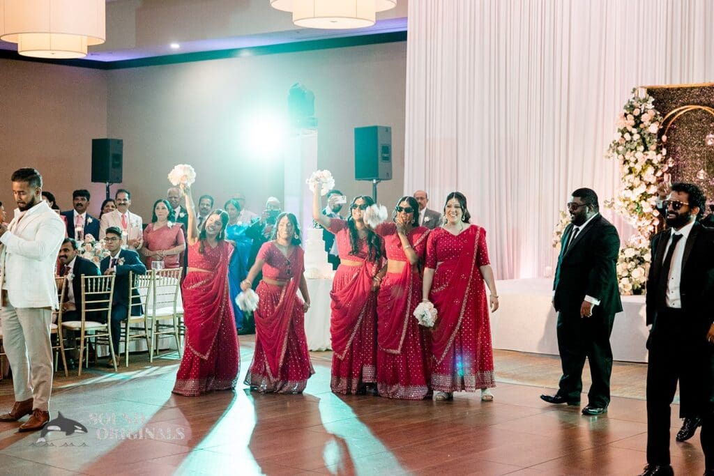 The bridesmaids on the dance floor at the Embassy Suites by Hilton Naperville Wedding