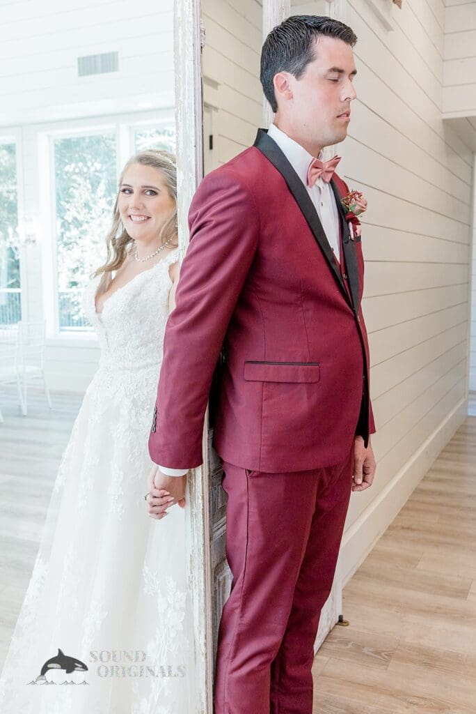 Elegant bride and groom stand charming and ready to have The French Farmhouse Wedding