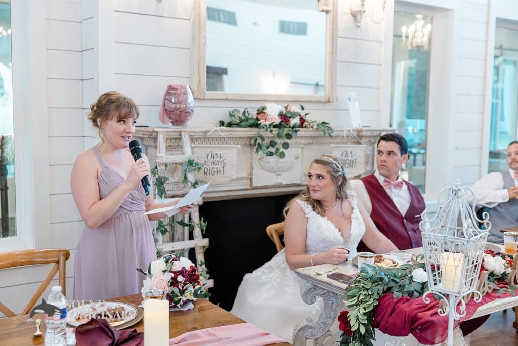 Husband and wife are amazed as bride's maid reads out her goodwill message to them in The French Farmhouse Wedding