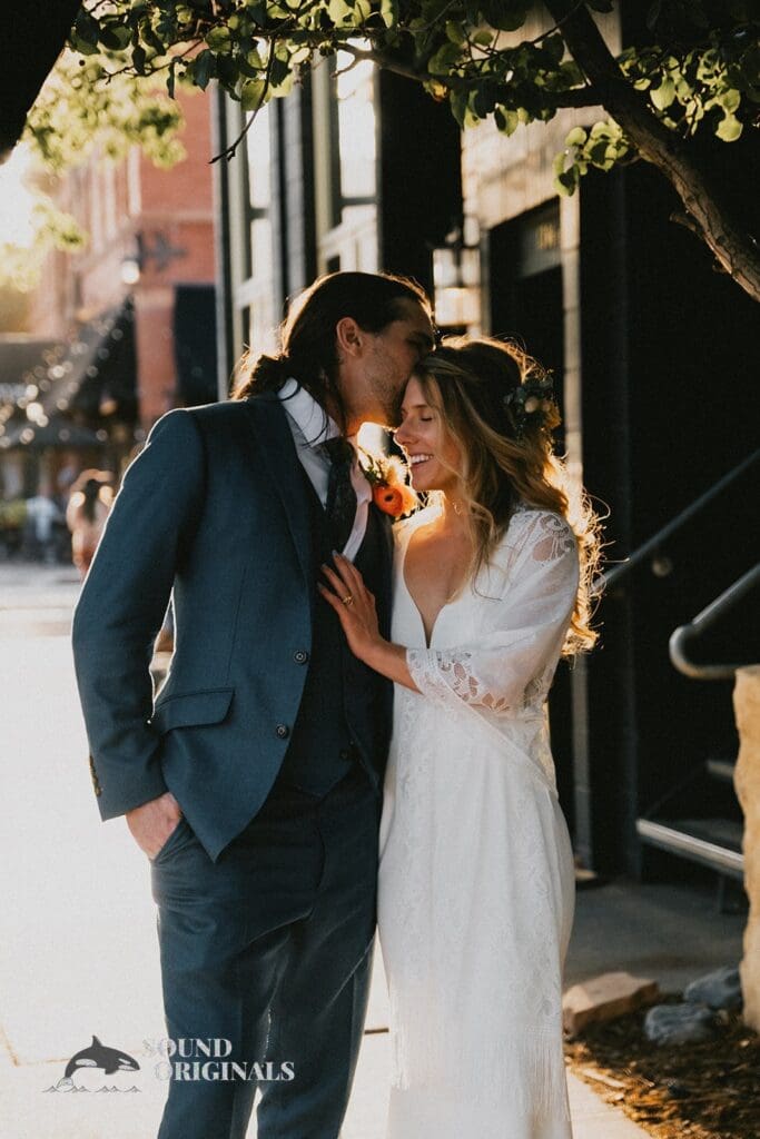 Romantic shot of husband and wife after a Rembrandt Yard Wedding