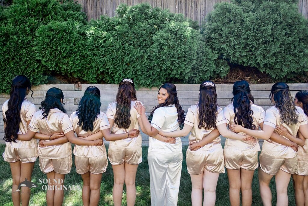 The bride and her bridesmaids near the Embassy Suites by Hilton Naperville Wedding