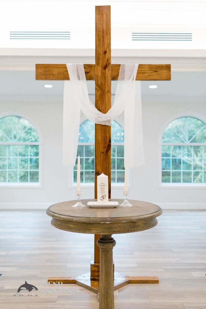 Harborside Chapel Wedding large wooden cross of the Harborside Chapel Wedding