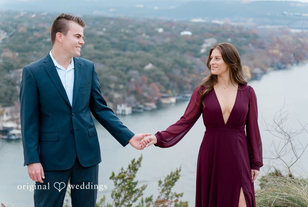 Kaitlen + Kevin Engagement photography session by original weddings capturing couple Holding hands and walking at Mount Bonnell and Laguna Gloria.