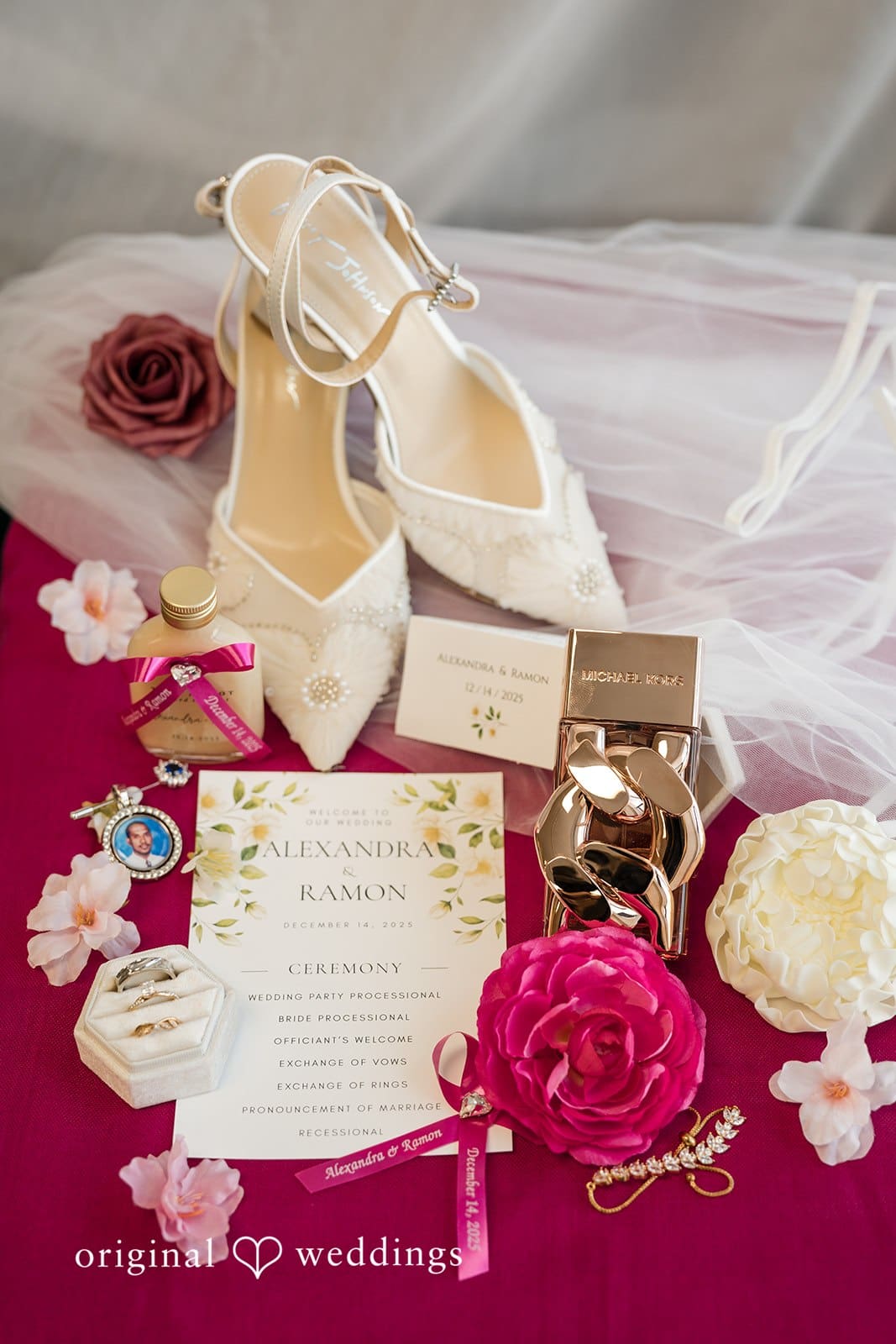 Ramon + Alexandra Elegant wedding detail shot with rings, shoes, and stationery captured by Miami wedding photographer at Bahia Mar Fort Lauderdale