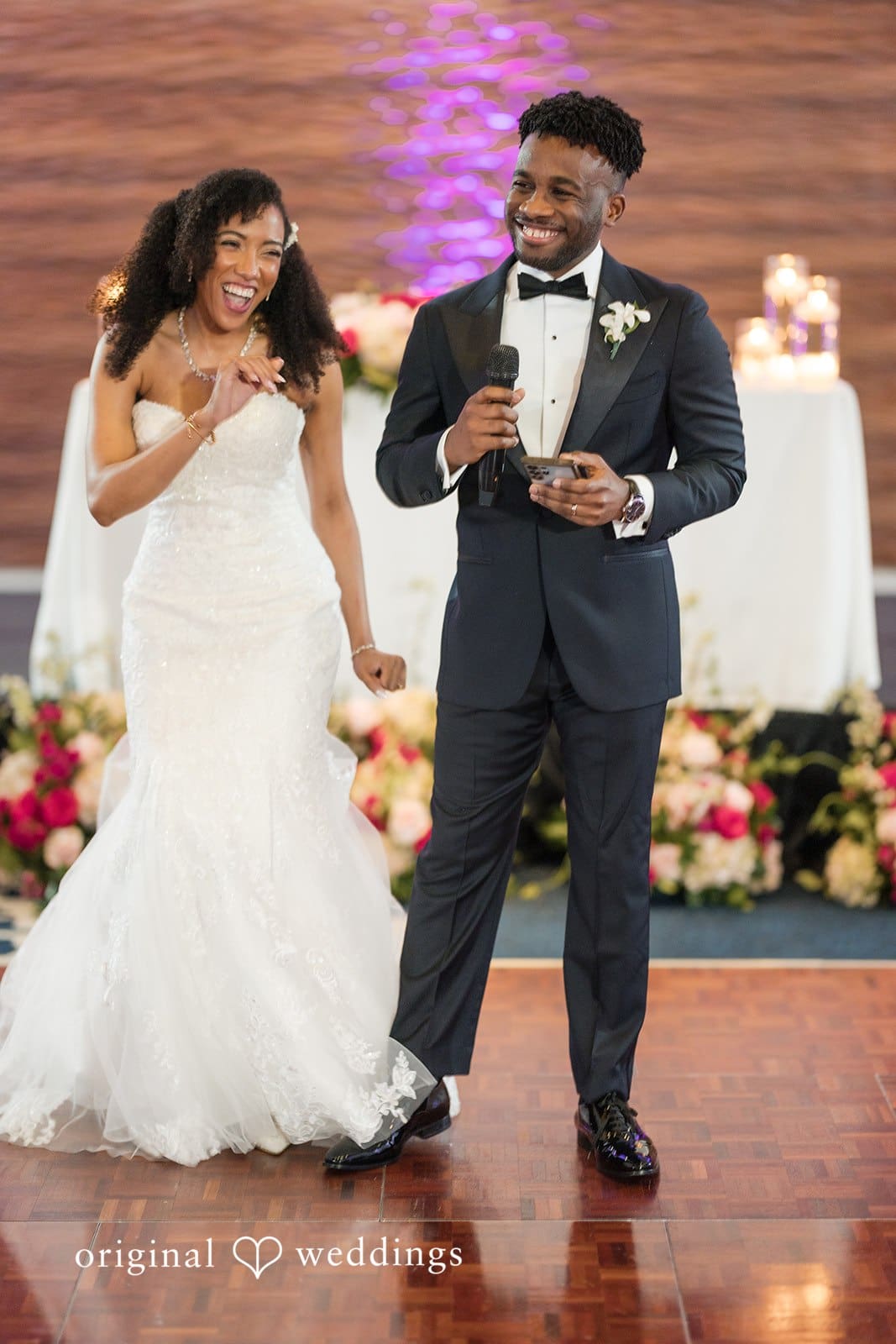 Ramon + Alexandra Groom speaking into microphone and bride smiling