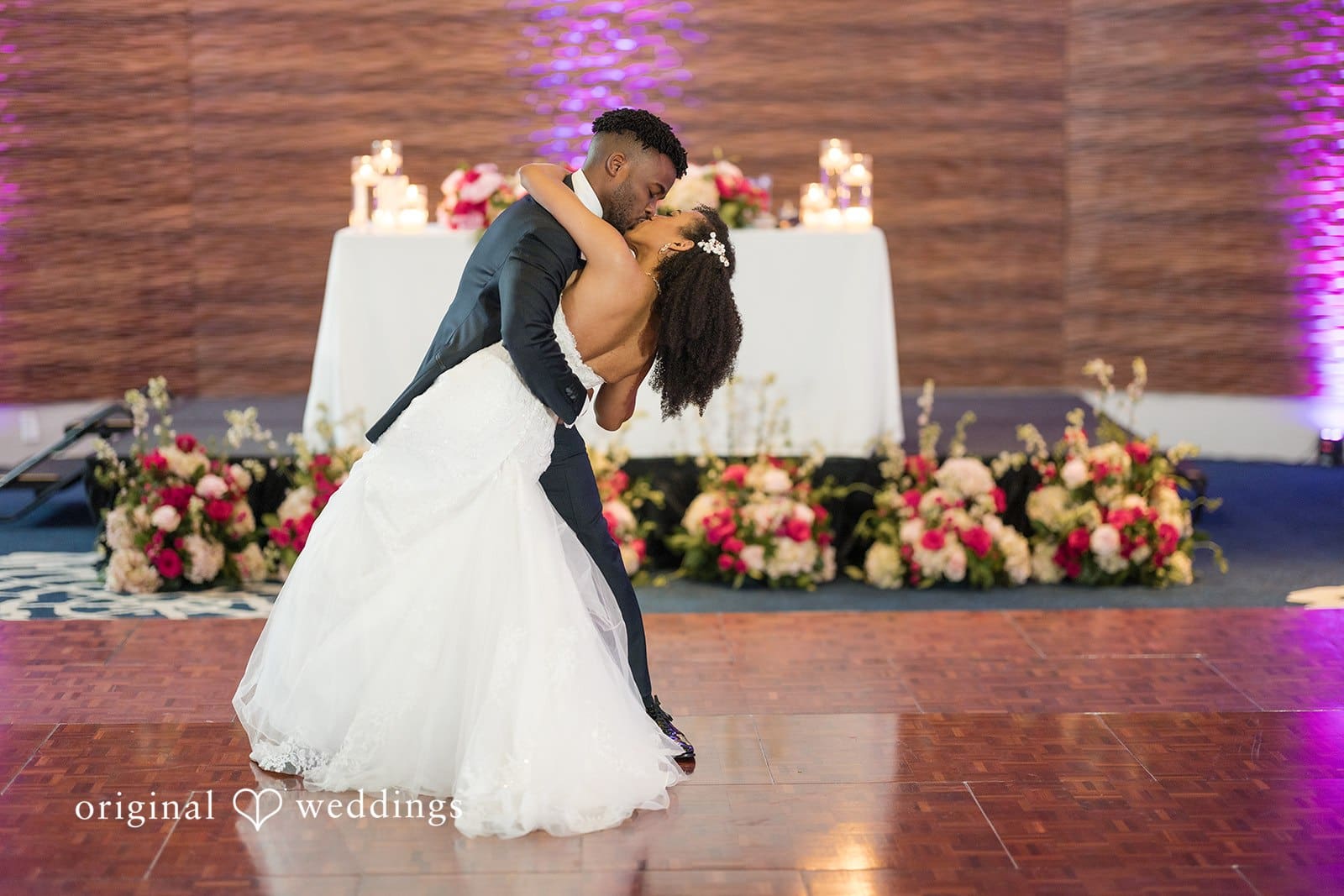 Ramon + Alexandra Bride and groom share a romantic kiss on the dance floor