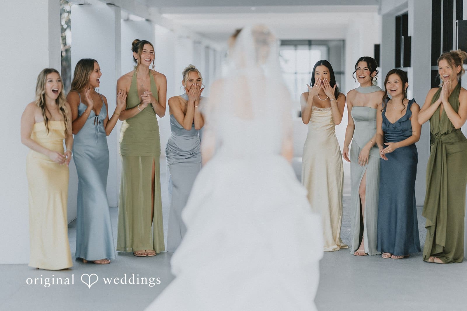 Sabrina + Ryan Bridesmaids reacting to bride’s first look.