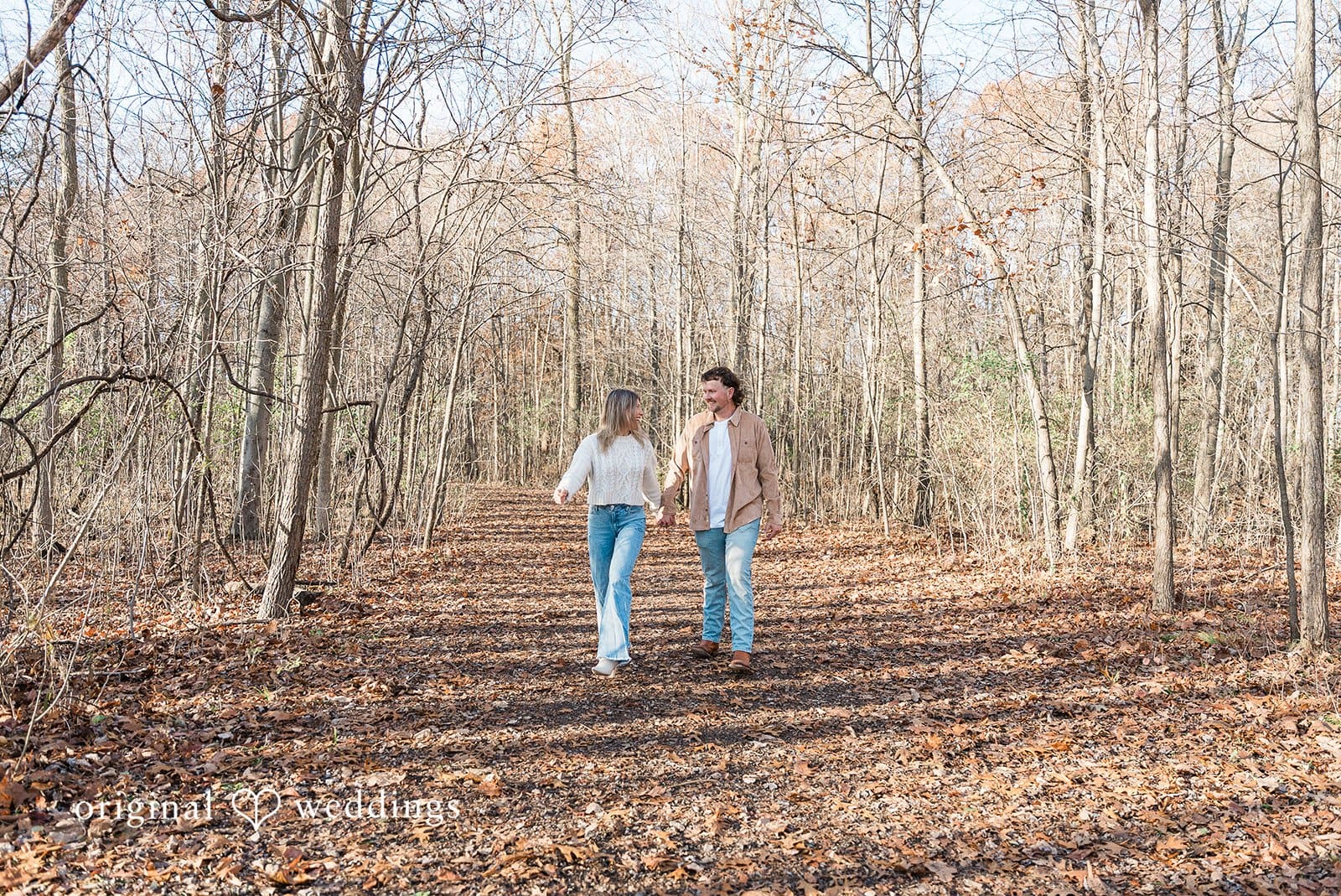A portrait of the couple taking a walk through the wide fields