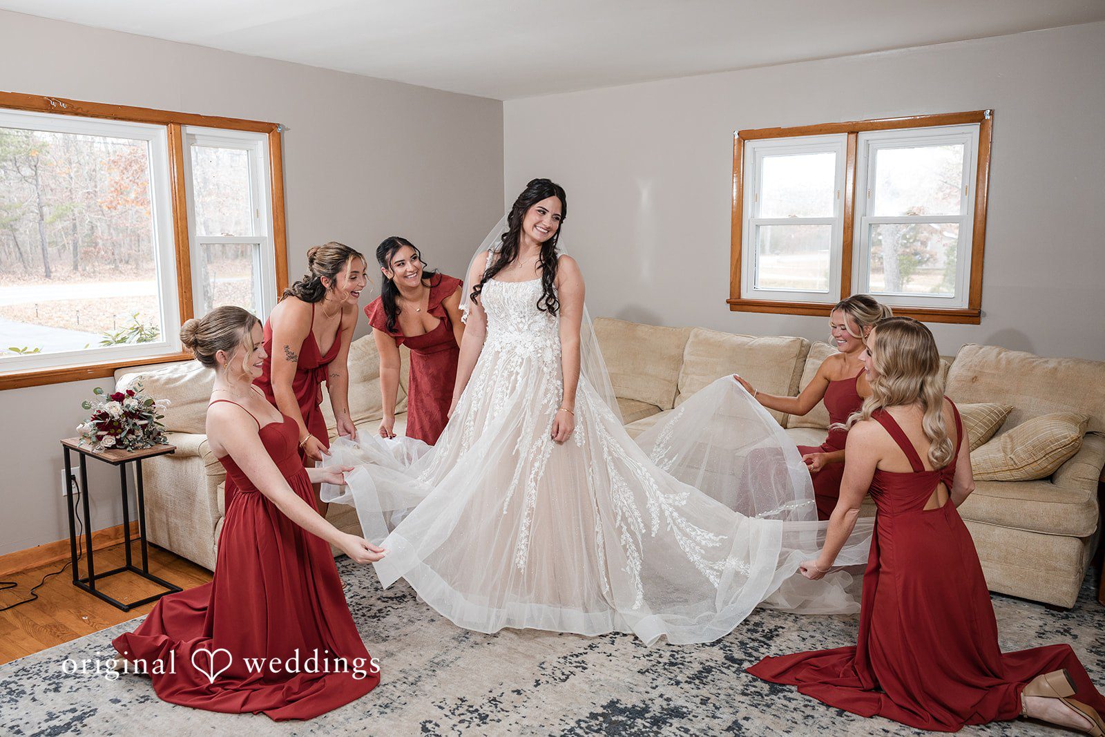 A beautiful portrait of the bride and her bridesmaids at the lodge