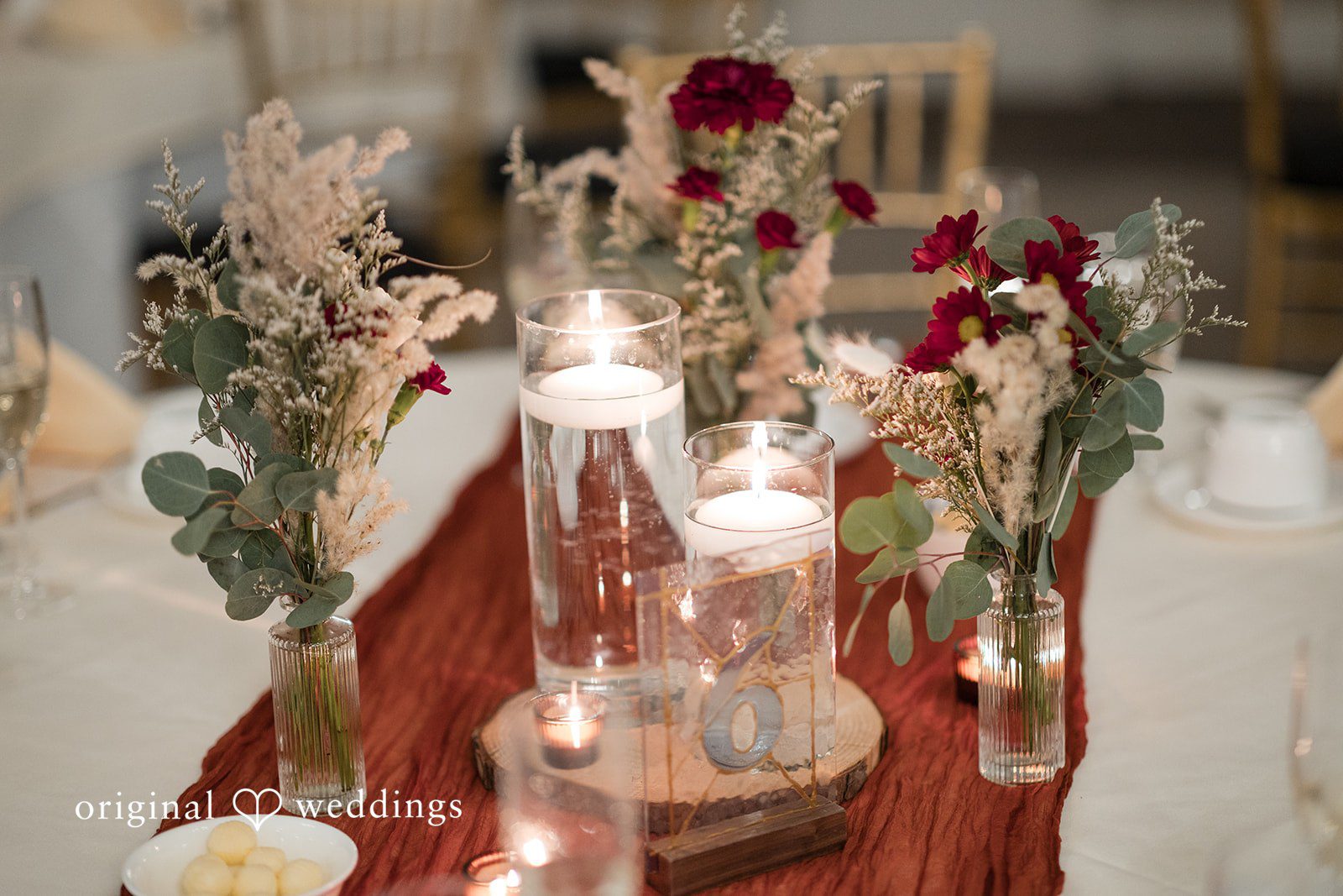 The details of the decorated wedding tables at the wedding reception