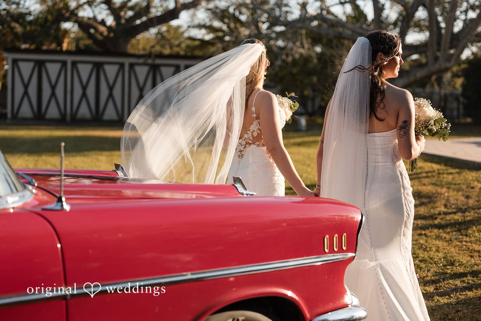 Two brides walking together.