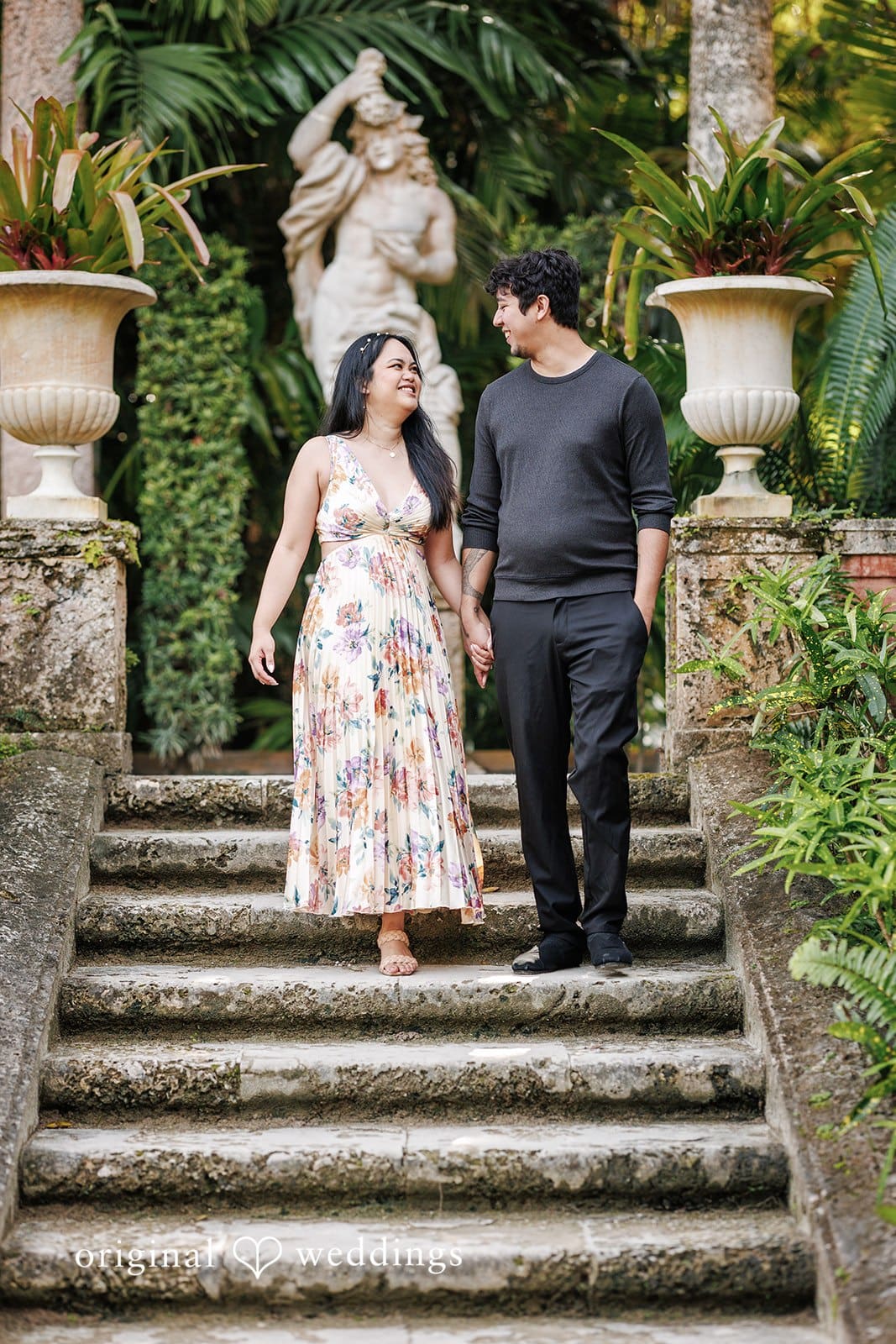 Kristian + Fernando Close-up of couple smiling while going downstairs at Vizcaya Museum & Gardens