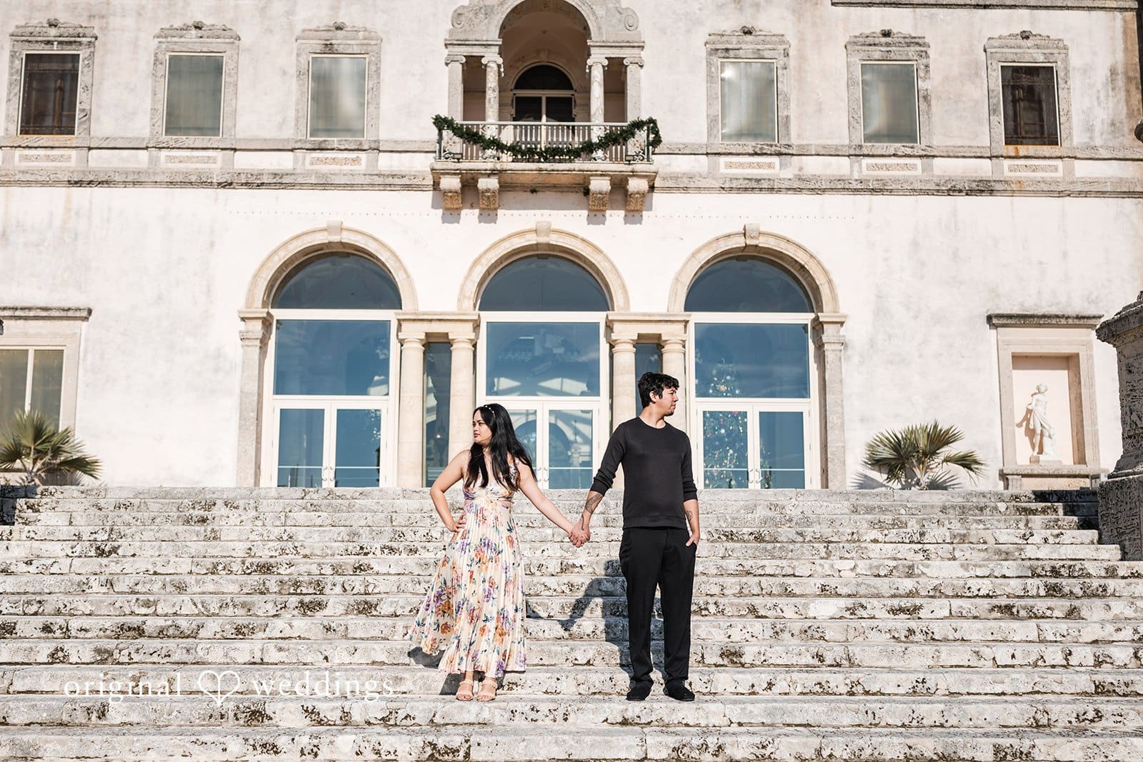 Kristian + Fernando Close-up of couple smiling while on stairs at Vizcaya Museum & Gardens